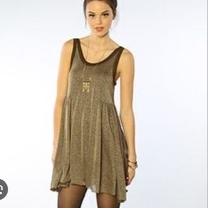 Free People Beach Gold Metallic Glitter Babydoll Tank Coverup Minin Dress Size L